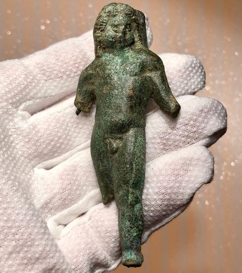 Ancient Roman Bronze Unusual Statuette of an Eros probably used as applicative attachment to a Sceptre.