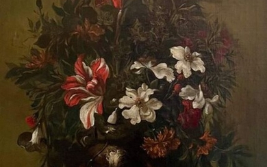 Andrea Scacciati (1642 - 1710) (Cerchia di) - Natura morta con vaso metallico e fiori su un piedistallo in pietra