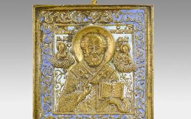 Antique 19thC Russian Orthodox Enameled Brass Icon Plaquette St Nicolas