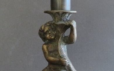 Antique Bronze Candle Holder Putto on Dolphin 1890-1920