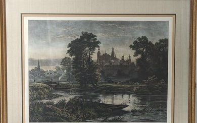 Antique Hand Colored English Lithograph "Eton, From The Thames", By R Gatton