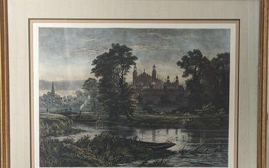 Antique Hand Colored English Lithograph "Eton, From The Thames", By...