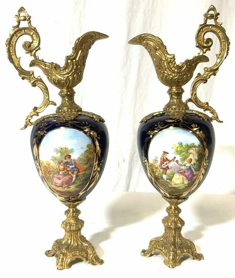 Antique Hand Painted Porcelain & Brass Ewers