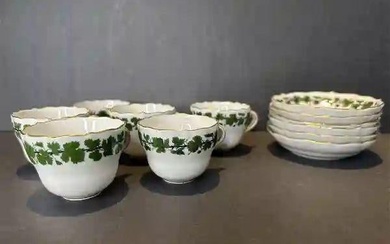 Antique Set of 6 Meissen Porcelain Green Vine Cups and Saucers in Box