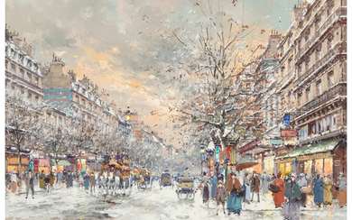Antoine Blanchard (1910-1988), Les grands boulevards et le Théatre des Variétés sous la neige, Paris