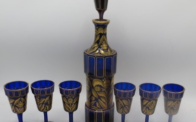 Art Deco Blue & Gold Crystal Bohemian Decanter & 6 Cups