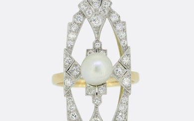 Art Deco Natural Pearl and Diamond Navette Ring