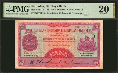 BARBADOS. Barclays Bank D.C.O. 5 Dollars, 1937-40. P-S111a. PMG Very Fine 20.