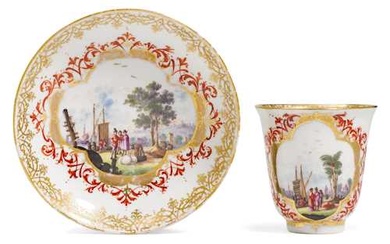 BEAKER AND SAUCER WITH MERCANTILE-SHIPPING SCENES