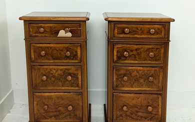 BEDSIDE CHESTS, a pair, Victorian style burr walnut with fou...