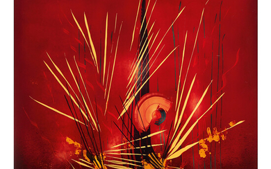 BERNARD DUNAND (1908-1998) Panneau dcoratif en laque polychrome dcor abstrait...