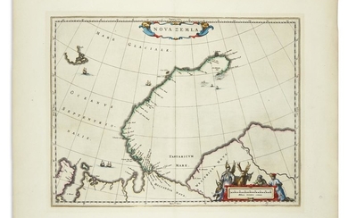 BLAEU, JOHANNES. Nova Zemla. Double-page engraved chart of the Arctic Archipelago of Nova...