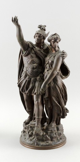 BRONZE FIGURE OF TWO ROMANS A man with one arm extended and a woman concealing a dagger. Unmarked. Heights 16.5".