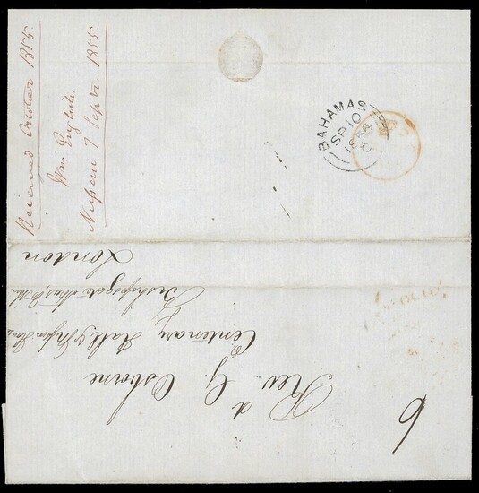 Bahamas Early Letters 1855 (10 Sept.) wrapper from Nassau to London, rated "6d.", showing a fin...