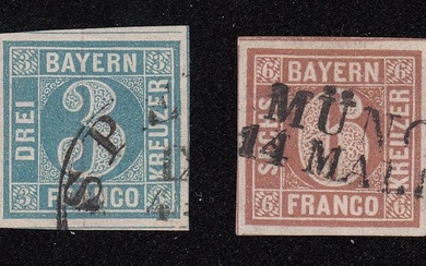 Bavaria 1849 - two impeccably expertised luxury specimens with each 4 dividing lines - Michel 2 Ia, 4 I