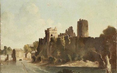 Bertram Nicholls, British 1883-1975- Ruined castle on the banks of a river; oil on canvas, signed to the stretcher 'Bertram Nicholls', 40 x 48.5 cm (unframed) (ARR)