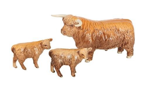 Beswick Cattle Comprising: Highland Bull, model No. 2008, Highland Calf,...