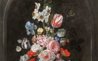 Bouquet of roses and tulips in a stone niche