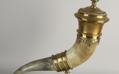 Brass historicism style Horn of Plenty, with cow horn.