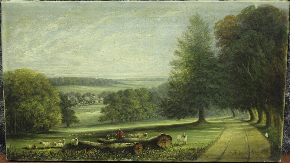 British School - Landscape with Shepherds resting, Sheep grazing and a Village in the Distance, 19th