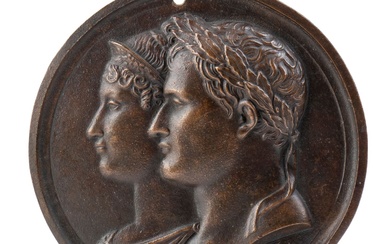 Bronze medallion with double bust in bas-relief of Napoleon and...
