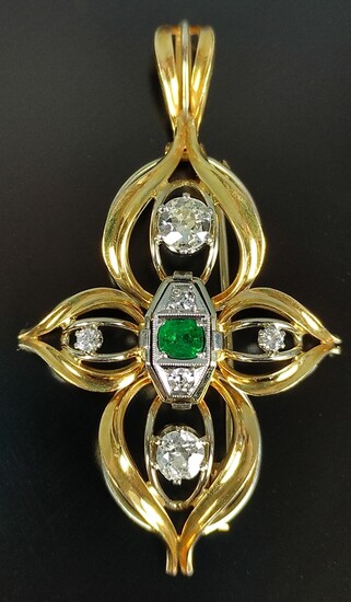 Brooch / pendant with emeralds and diamonds, leaf-shaped, diamonds together around 1 ct, 750/18K wh