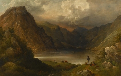 CAPTAIN RICHARD BRYDGES BEECHEY | A VIEW OVER GLENBEG LOUGH, NEAR THE KENMARE RIVER, WITH FIGURES FISHING AND RELAXING ON THE BANKS