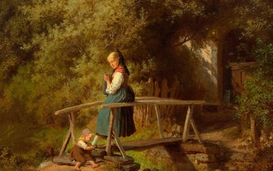 CARL SCHLESINGER(Lausanne 1825-1893 Düsseldorf)Mère tricoteuse avec son enfant sur un pont. 1859.Huile sur toile. Signé,...