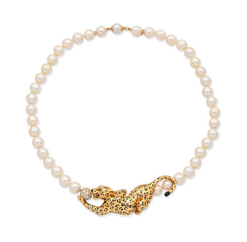 CARTIER: CULTURED PEARL AND DIAMOND 'PANTHÈRE' NECKLACE