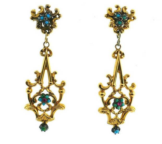 CHIC Victorian Antique Turquoise Flower Ruby 14k Yellow