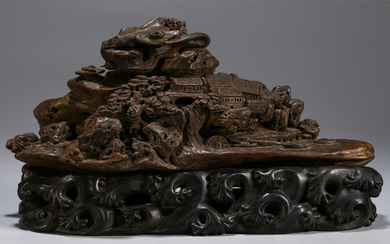 CHINESE AGALWOOD CARVED MOUNTAIN FIGURE TABLE ITEM