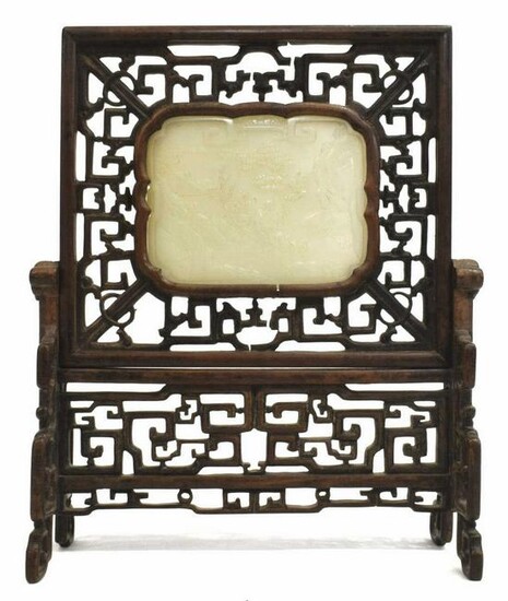 CHINESE CARVED HARDWOOD & JADE TABLE SCREEN