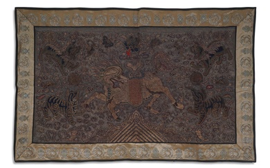 CHINESE COUCHED GILT-METAL THREAD-EMBROIDERED TEXTILE FRAGMENT, QING DYNASTY 18 3/4" x 31"