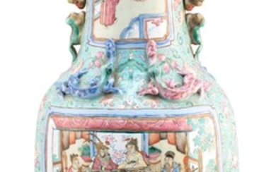CHINESE FAMILLE ROSE PORCELAIN TEMPLE JAR Body decorated with two figural reserves on a flower-filled turquoise blue ground. Two sma...