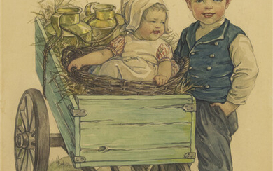 CLARA MILLER BURD. Children with a Dog Cart. Illustration for unknown children's book,...