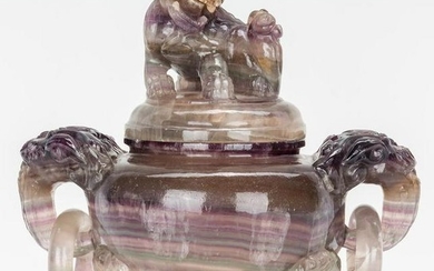 Carved Chinese Agate Censer w/ Foo Dog Finial