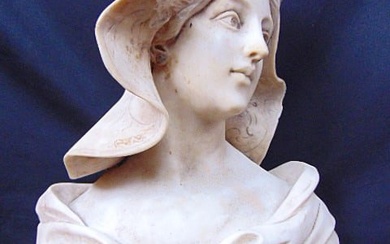Carved marble bust of a young lady, signed A. Cenni, as found, large chip on head cover, scratches