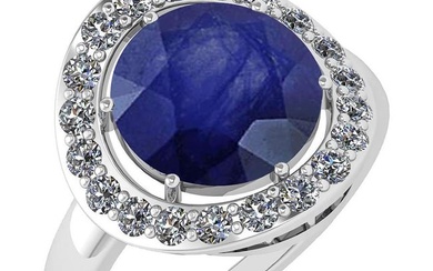 Certified 4.08 Ctw Blue Sapphire And Diamond Halo Ring 14K White Gold