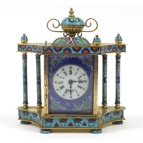 Champleve enamel and brass mantle clock with urn finial and ...