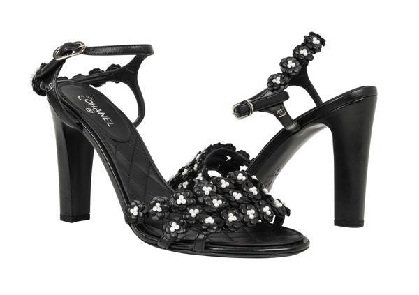 Chanel Shoe Camellia Black Leather Flowers w/ Pearls