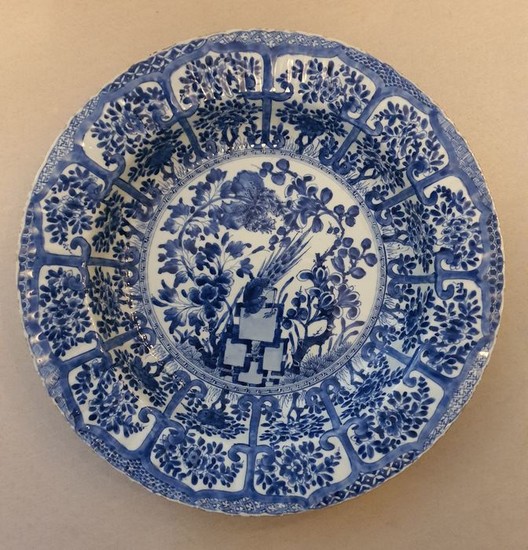 Charger, Dish, Plate - Blue and white - Porcelain - Flowers, Peacock- China - Kangxi (1662-1722)
