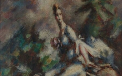 Charles François Prosper GUÉRIN (1875-1939) Élégante et son chien Huile sur toile signée « ChG...
