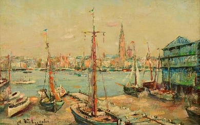 Charles Verbrugghe (1877-1974), a view on the harbour of Antwerp, oil on canvas, 27 x 42 cm