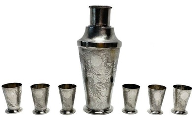Chinese .900 Silver Martini Shaker & Shot Cups with Dragon Motif c1920