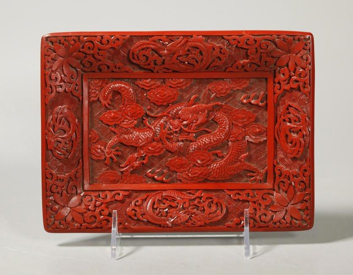 Chinese Carved Red Cinnabar Lacquer Dragon Tray