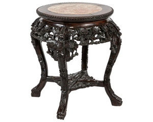 Chinese Carved Teak & Marble Stand