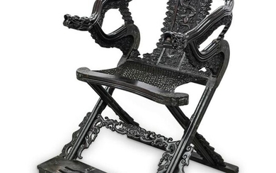 Chinese Carved Zitan Wood Folding Armchair