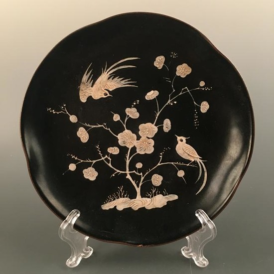 Chinese Ding Ware Engraved Design 'Plum Flower & Birds'