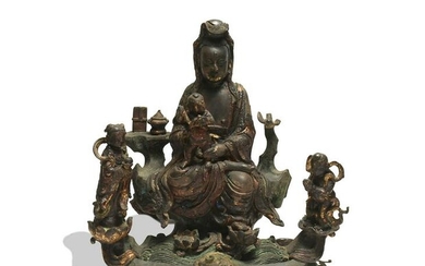 Chinese Gilt Bronze Guanyin with Acolytes, Ming
