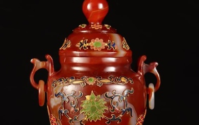 Chinese Gold Wire Enamel Inlay Gem Red Agate Double Ring Vase